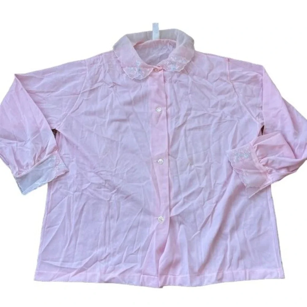 Vintage 60s Blouse Sleep Shirt Blush Pink Nylon Semi Sheer Top Floral Hems Sz 36 - Picture 11 of 11